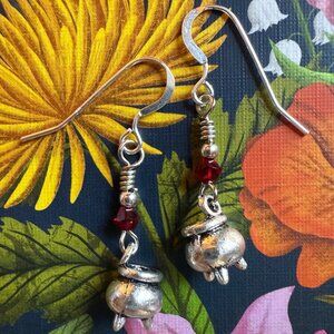 Handmade Earring Set Red Crystal Witch Fire Flame & Sterling Silver Cauldron